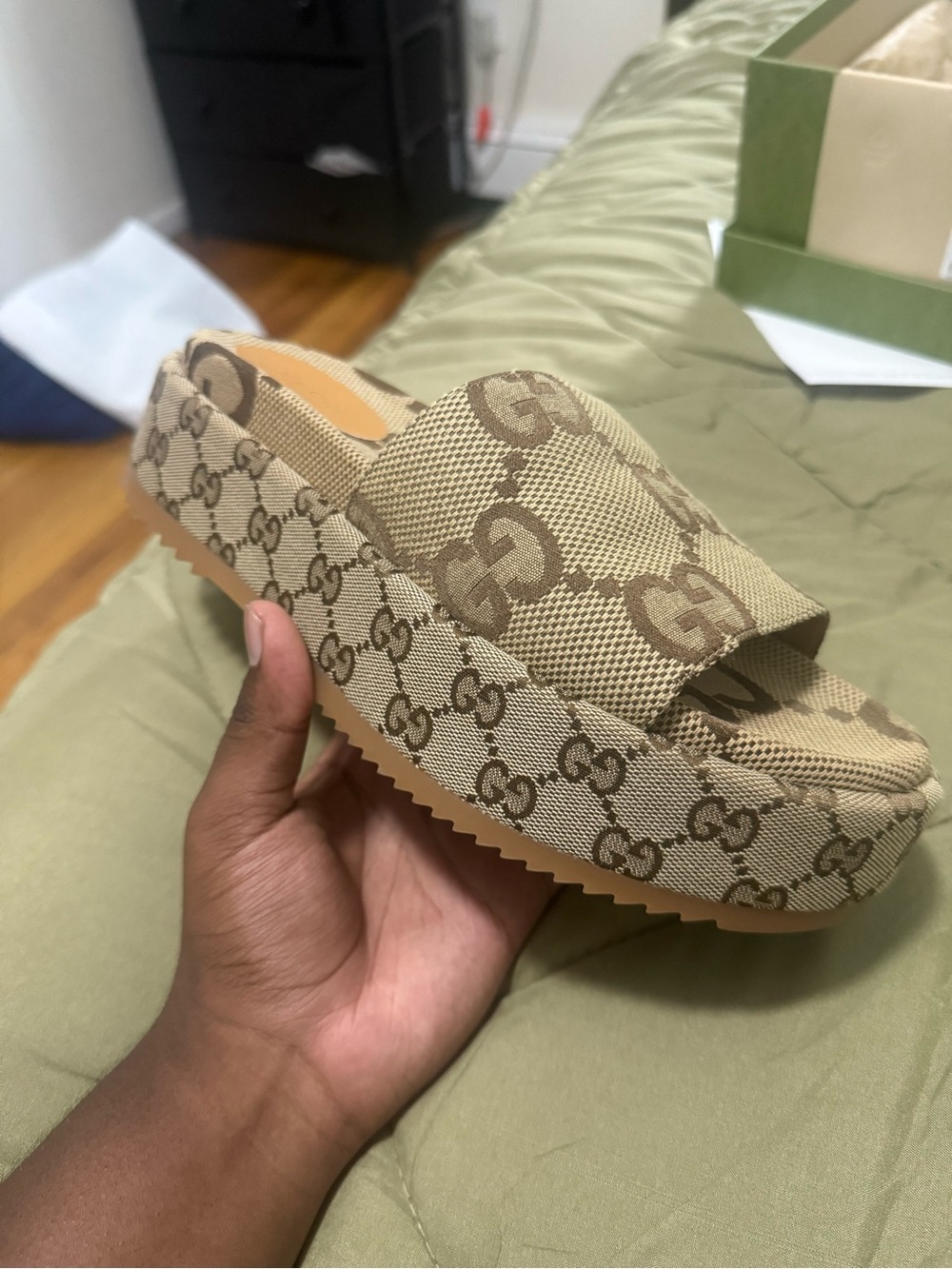 Gucci Beige Monogram Slide Sandals with Brown GG Pattern